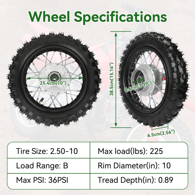 XIKOBY 2.50-10 Dirt Bike Rear Wheel Drum Brake Assembly Compatible with CRF50 XR50 TTR50 SSR Taotao Apollo, 2.5-10 2.50x10 Tire & Rim for 50cc 70cc 90cc 110cc Pit Bike Off Road Motorcycle Parts - Image 2